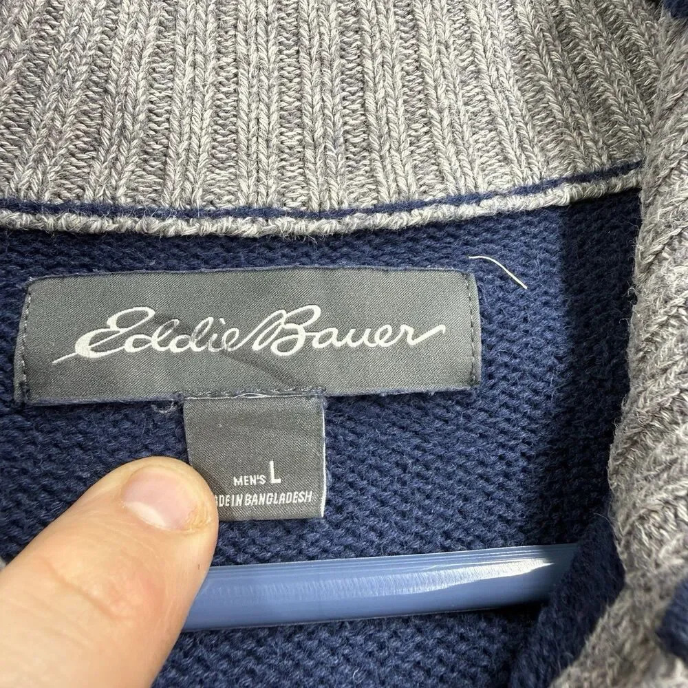 VTG Eddie Bauer Men's 1/4 Zip Mock Neck Pullover Sweater Blue Cotton Size L - Picture 2 of 7